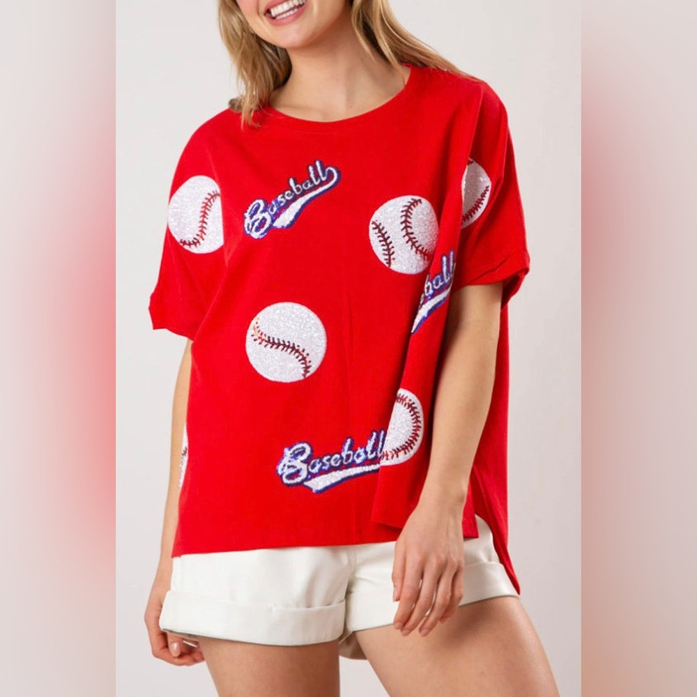Fantastic Fawn Red Sequin Baseball Loose Fit Tee Size Medium NWOT